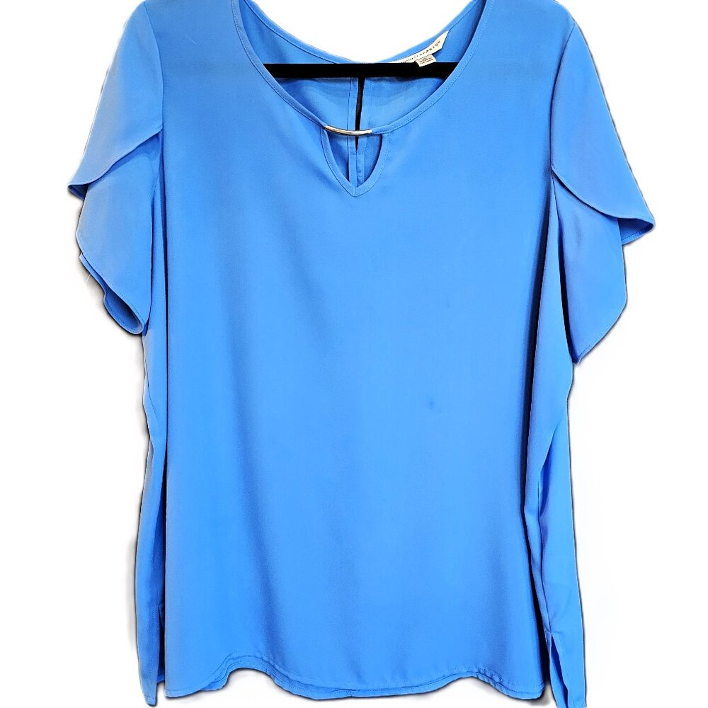 Counterparts Bright Blue Tulip Sleeve Blouse XL Silver Neck Split Hem Top